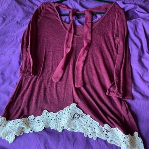 Women's Burgundy Tie-Back Lace Hem Top